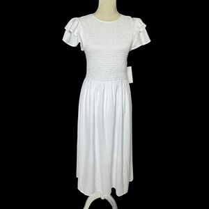 Wishing Waves Women’s Smocked Bodice Ruffle Sleeves White Dress Size M Chiffon